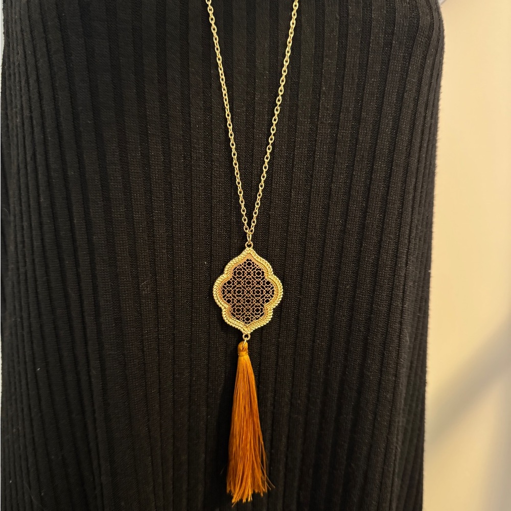 Gold Toned and Orange Statement Necklace with Tassel NWT